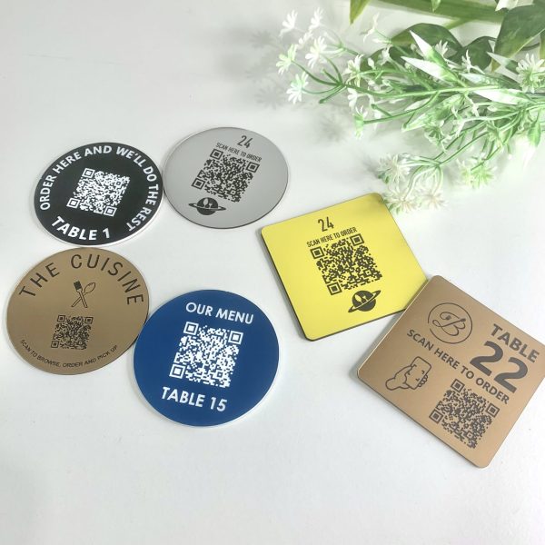 Hospitality QR Code Order Table Signs Round or Square Laser engraved
